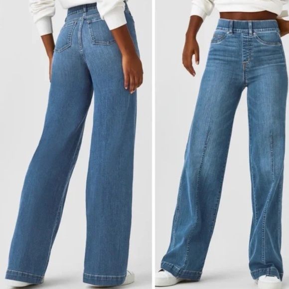 SPANX Pants - SPANX Seamed Front Wide Leg Elastic Waistband Vintage Indigo Denim Jean Womens L